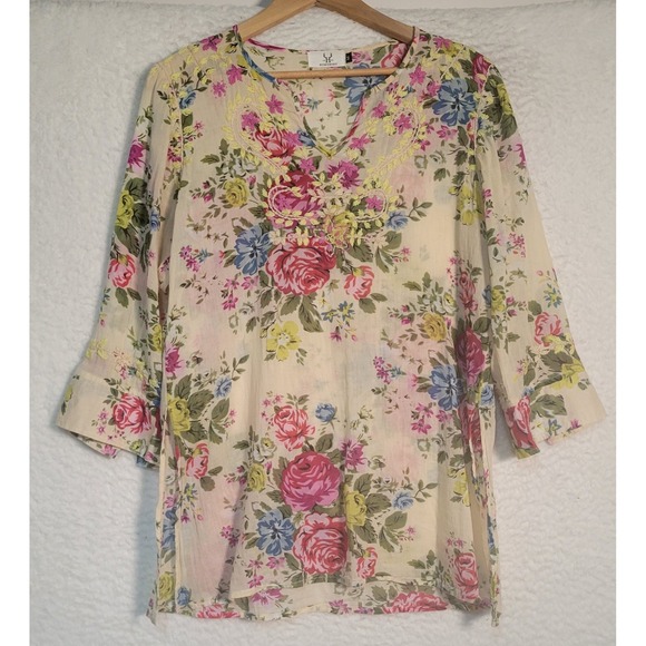 HomeBody Tops - Homebody Peasant Blouse Top Size M Women's Floral Embroidered 3/4 Sleeve 1920